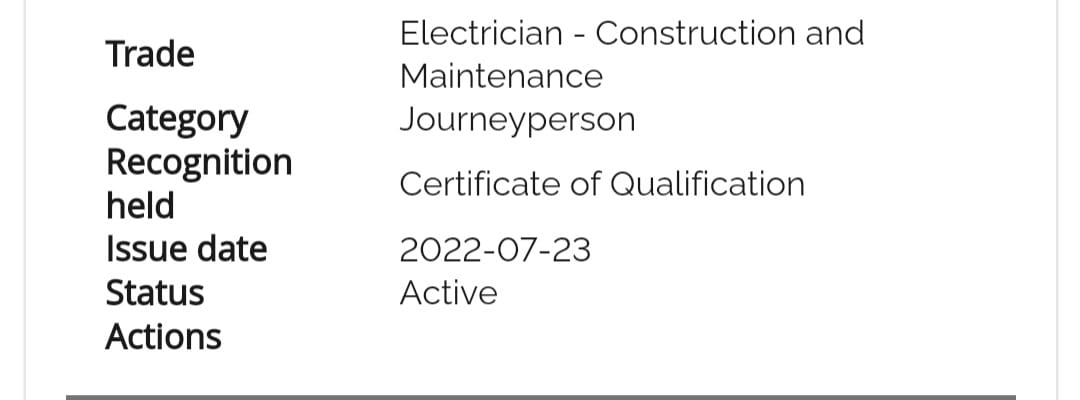 A screanshot stating that someone who's name was cut off recieved their certificate of qualification as a construction and maintenance electrician and become a journeyperson on July 23rd, 2022 (today)